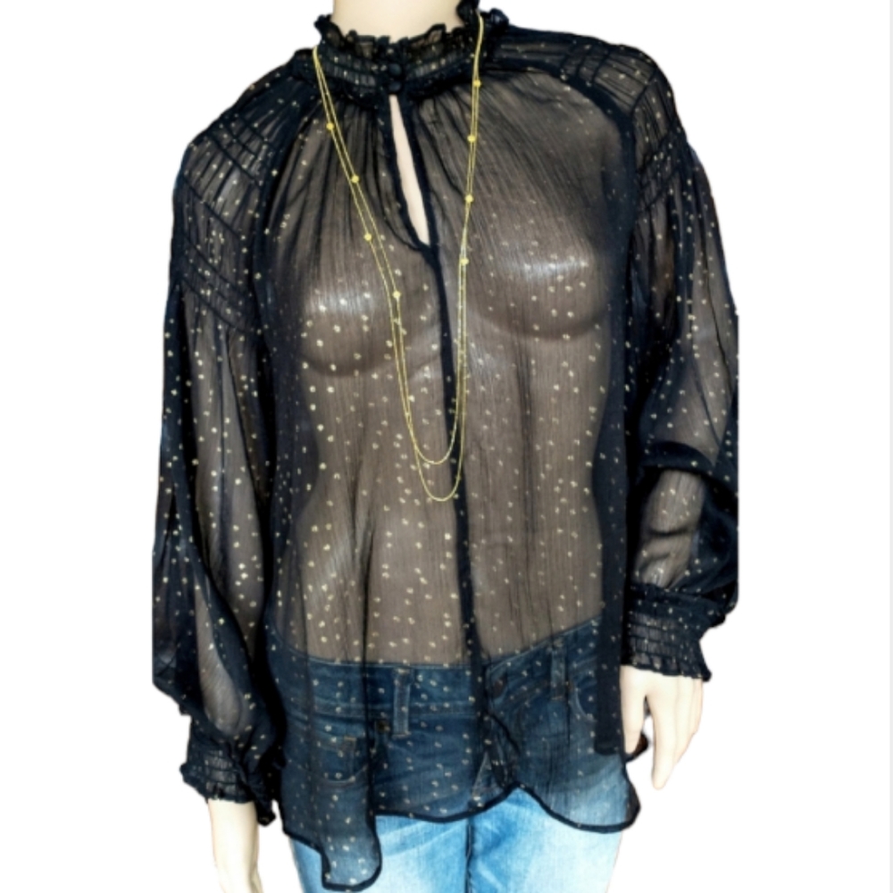 Anne Taylor Loft Sheer Black Top With Gold Specs NWT Size S